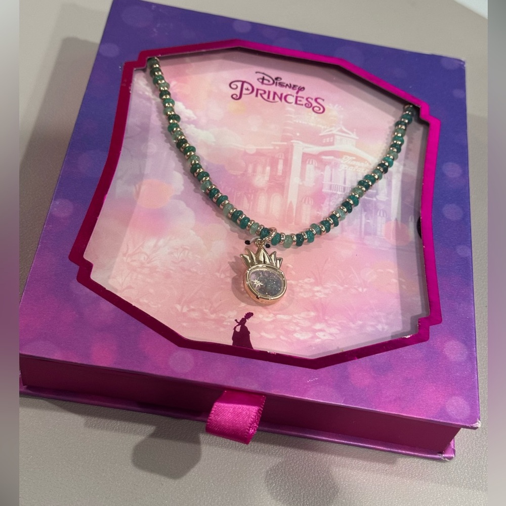 Disney Princess Tiana Gold-Tone Green
Bead Tiara Pendant Necklace 16-18 inch